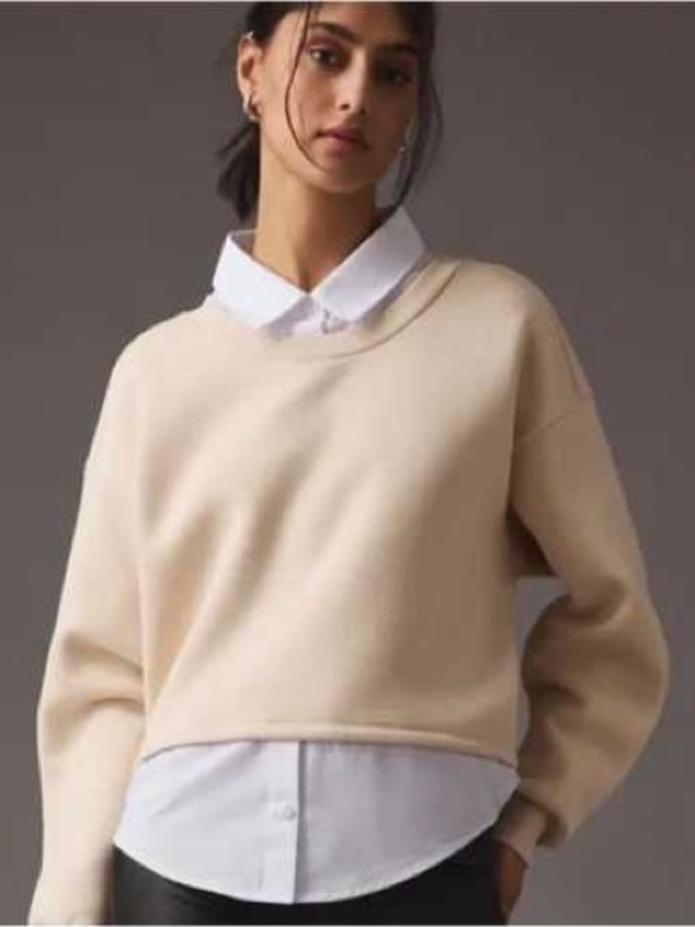 Anthropologie Maeve twofer Cropped Crewneck Sweater in Light Cream and white XL